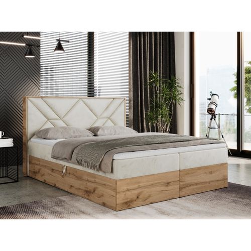 Boxspringbett 200x200 mit Bettkasten, Polsterbett 200x200 mit Matratze H3, Boxspringbett 200x200 mit Kopfteil, Boxspringbett mit Massivholz - Gunar - Beige Velvet - H3