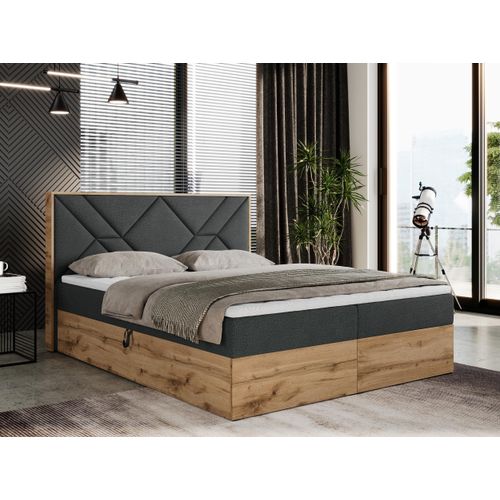 Boxspringbett 180x200 mit Bettkasten, Polsterbett 180x200 mit Matratze H4, Boxspringbett 180x200 mit Kopfteil, Boxspringbett mit Massivholz - Gunar - Dunkelgrau Struktur - H4