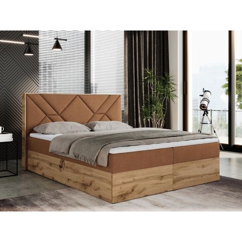 Boxspringbett 140x200 mit Bettkasten, Polsterbett 140x200 mit Matratze H4, Boxspringbett 140x200 mit Kopfteil, Boxspringbett mit Massivholz - Gunar - Orange Struktur - H4