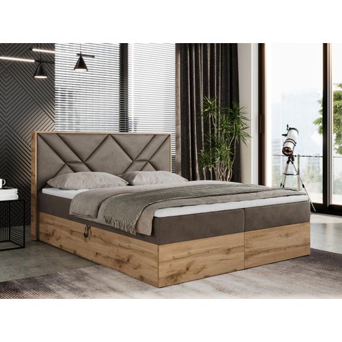Boxspringbett 160x200 mit Bettkasten, Polsterbett 160x200 mit Matratze H4, Boxspringbett 160x200 mit Kopfteil, Boxspringbett mit Massivholz - Gunar - Braun Velvet - H4