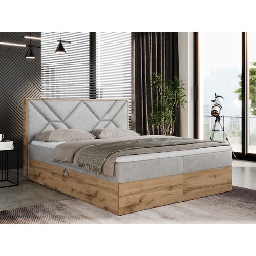 Boxspringbett 160x200 mit Bettkasten, Polsterbett 160x200 mit Matratze H3, Boxspringbett 160x200 mit Kopfteil, Boxspringbett mit Massivholz - Gunar - Hellgrau Velvet - H3