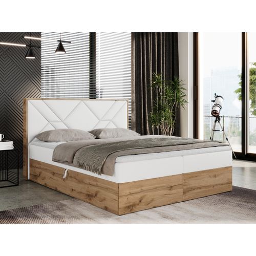 Boxspringbett 120x200 mit Bettkasten, Polsterbett 120x200 mit Matratze H4, Boxspringbett 120x200 mit Kopfteil, Boxspringbett mit Massivholz - Gunar - Weiß Kunstleder - H4