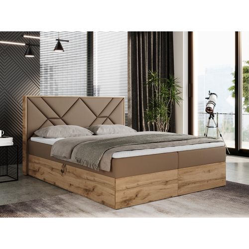 Boxspringbett 140x200 mit Bettkasten, Polsterbett 140x200 mit Matratze H3, Boxspringbett 140x200 mit Kopfteil, Boxspringbett mit Massivholz - Gunar - Braun Kunstleder - H3