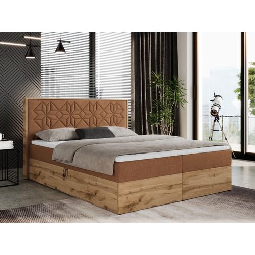 Boxspringbett 120x200 mit Bettkasten, Polsterbett 120x200 mit Matratze H3, Boxspringbett 120x200 mit Kopfteil, Boxspringbett mit Massivholz - Nessi - Orange Struktur - H3