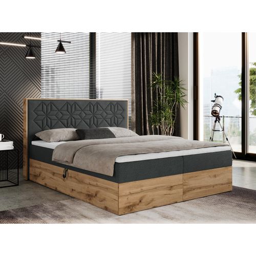 Boxspringbett 120x200 mit Bettkasten, Polsterbett 120x200 mit Matratze H4, Boxspringbett 120x200 mit Kopfteil, Boxspringbett mit Massivholz - Nessi - Dunkelgrau Struktur - H4