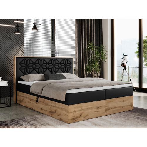 Boxspringbett 160x200 mit Bettkasten, Polsterbett 160x200 mit Matratze H3, Boxspringbett 160x200 mit Kopfteil, Boxspringbett mit Massivholz - Nessi - Schwarz Kunstleder - H3