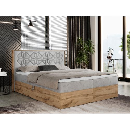 Boxspringbett 140x200 mit Bettkasten, Polsterbett 140x200 mit Matratze H3, Boxspringbett 140x200 mit Kopfteil, Boxspringbett mit Massivholz - Nessi - Hellgrau Velvet - H3