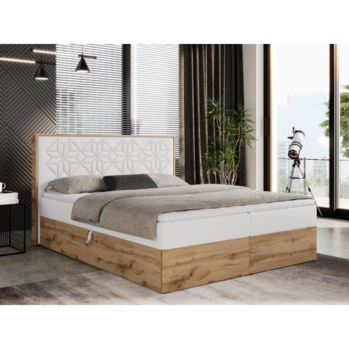 Boxspringbett 160x200 mit Bettkasten, Polsterbett 160x200 mit Matratze H3, Boxspringbett 160x200 mit Kopfteil, Boxspringbett mit Massivholz - Nessi - Weiß Kunstleder - H3