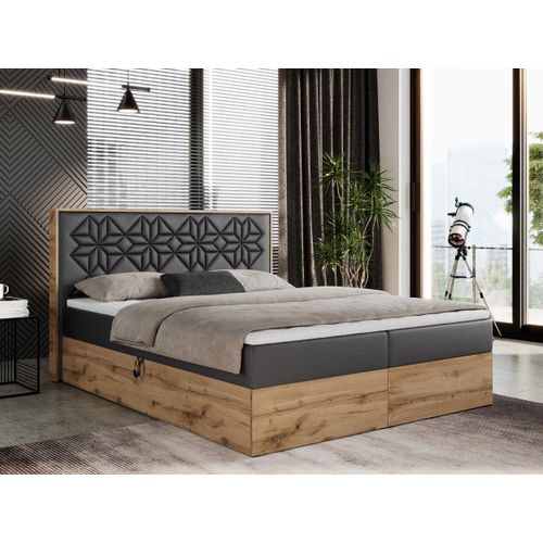 Boxspringbett 200x200 mit Bettkasten, Polsterbett 200x200 mit Matratze H4, Boxspringbett 200x200 mit Kopfteil, Boxspringbett mit Massivholz - Nessi - Dunkelgrau Kunstleder - H4