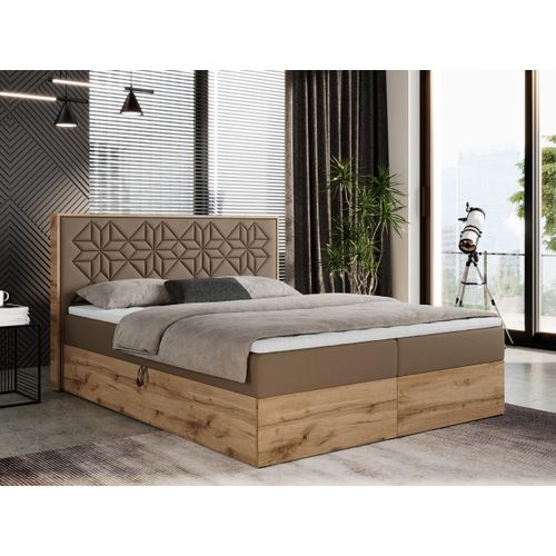 Boxspringbett 160x200 mit Bettkasten, Polsterbett 160x200 mit Matratze H3, Boxspringbett 160x200 mit Kopfteil, Boxspringbett mit Massivholz - Nessi - Braun Kunstleder - H3