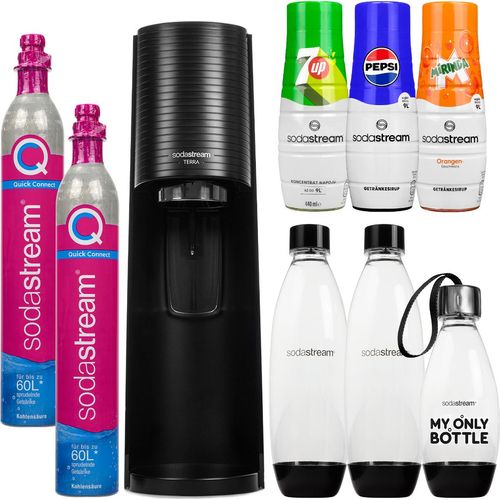 SodaStream Wassersprudler Terra Schwarz 3 Flaschen 2 Kartuschen Sirup Set