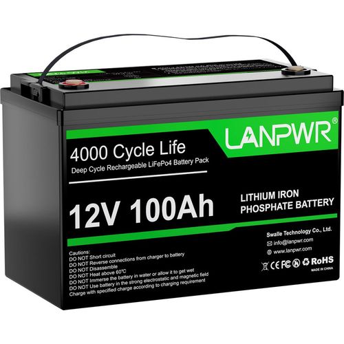LANPWR 12 V 100 Ah LiFePO4 Lithium-Akkupack, Notstromversorgung, 1280 Wh Energie, 4000+ Tiefentladungen, integriertes 100 A BMS, 24,25 lbs leicht, unterstuetzt Reihen-/Parallelschaltung, perfekt als Ersatz fuer die meisten Notstromversorgungen, Wohnmobil, Boot, Solar, Schleppmotor, netzunabhaengig (ohne Display)