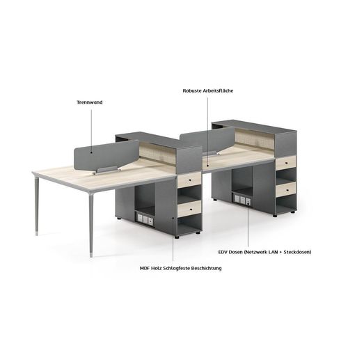 Büro Möbel Einrichtung Tische Tisch 4 Arbeitsplätze Schreibtisch Callcenter Holz