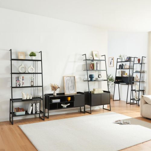 Möbelset ‘Storfjord’ 5-tlg. 1x Schreibtisch, 3x Leiterregal und 1x TV Schrank Metall Schwarz