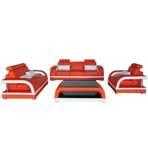 Sofa Couch Leder Polster Sitz Couch Garnitur 3+2+1 USB + Tisch Set Design Sofa