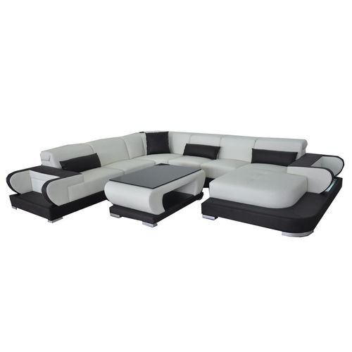 Couch Ecksofa mit USB Leder Wohnlandschaft Garnitur Design Modern Sofa +Tisch
