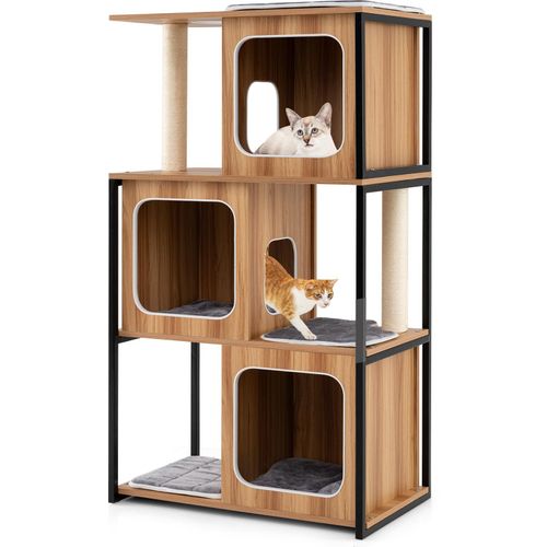 COSTWAY Katzenbaum 133cm, Katzenhaus mit gepolstertem Aussichtspunkt, Plattformen, abnehmbaren Kissen & Kratzpfosten mehrstöckigem Katzenmöbel