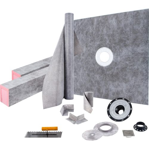 VEVOR Duschschwellen-Set, 48 x 48 Zoll wasserdichte Duschschwellenmatte mit 4 Zoll PVC-Mittelflansch, 4 Zoll Edelstahlgitter, 2 schneidbaren Schwellen und Kelle, Duschwannenrampe
