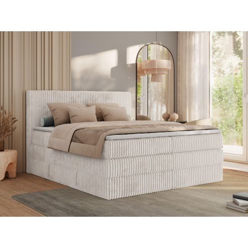 MKS MEBLE Boxspringbett 140x200 Beige Cord, Boxspringbett mit Matratze H4, Bett 140x200 mit Bettkasten and Kopfteil, Doppelbett mit Stauraum, Polsterbett 140x200 - Tiliano King