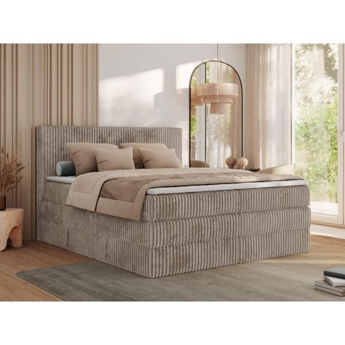 MKS MEBLE Boxspringbett 140x200 Hellbraun Cord, Boxspringbett mit Matratze H4, Bett 140x200 mit Bettkasten and Kopfteil, Doppelbett mit Stauraum, Polsterbett 140x200 - Tiliano King