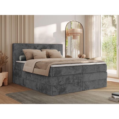 MKS MEBLE Boxspringbett 140x200 Grau Cord, Boxspringbett mit Matratze H3, Bett 140x200 mit Bettkasten and Kopfteil, Doppelbett mit Stauraum, Polsterbett 140x200 - Tiliano King