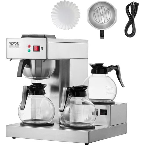 VEVOR 12 Tassen gewerbliche Filterkaffeemaschine, Kaffeemaschine mit 3 Glaskaraffen & 3 Warmhalteplatten, Kaffeemaschine aus Edelstahl mit automatischer Wasserzufuhr, für Restaurants, Büros, Cafés