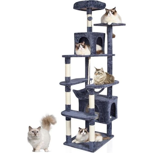 Katzenbaum Kratzbaum für 2 Katzen - Sisal 183 cm - Dunkelgrau - Stabiler Katzenkratzbaum mit zwei Katzenhäusern