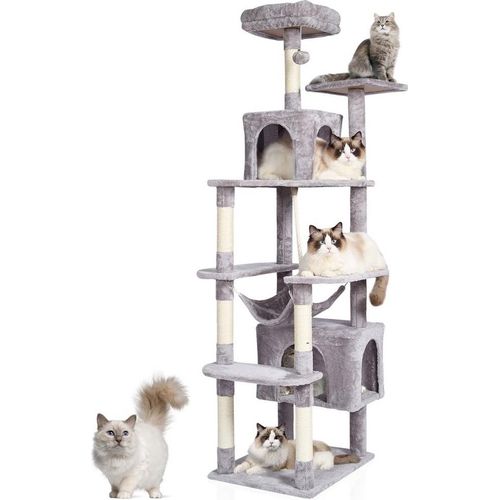 Katzenbaum Kratzbaum für 2 Katzen - 183 cm Hellgrau - Sisal Katzenkratzbaum mit 2 Katzenhäusern - Stabile Katzenmöbel - Tierbedarf