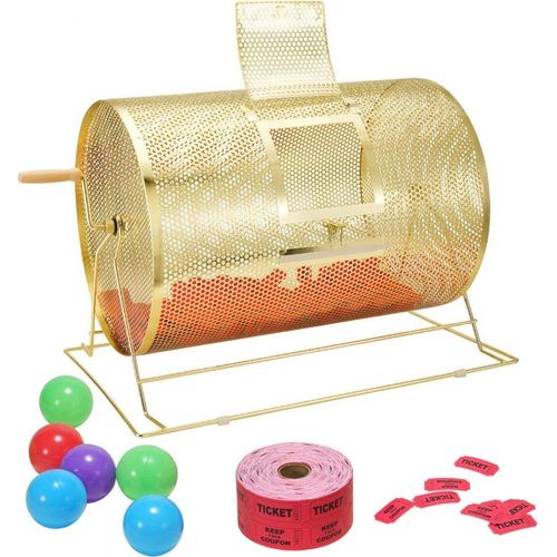 Lostrommel für Tombola - 10.000 Lose / 300 Kugeln - Professionelle Los-Drehkäfig aus Metall - Lotterie-Drehscheibe - Verlosungsbox für Gewinnspiele - Golden