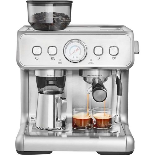 Espressomaschine mit Mahlwerk - 15 Bar halbautomatische Espressomaschine mit Milchaufschäumer - Dampfdüse - abnehmbarer Wassertank - Druckmesser - für Cappuccino, Latte, Macchiato