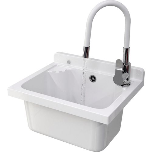 Granitan | Küchenspüle LOMA - Weiß - mit flexibler Armatur und robustem Polypropylen - ideal für Garage und Werkstatt