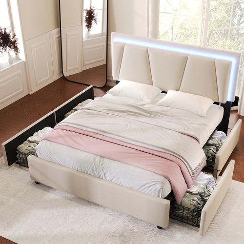 LED-Beleuchtungsbett mit 4 Schubladen, verstellbarem Kopfteil, Beige, 140x200cm