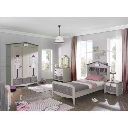 Garnitur Kinderbett Mädchenbett Holzmöbel Grau Möbel Set 4tlg Schrank