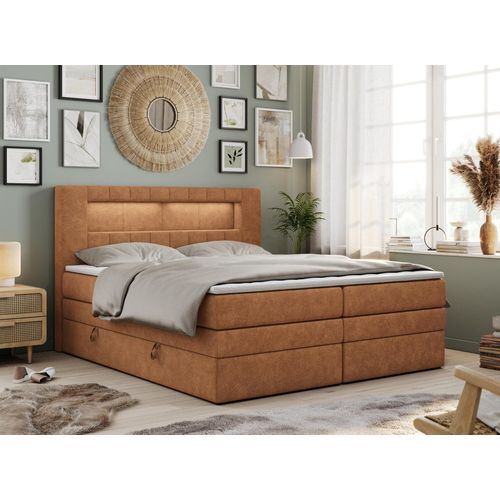 Boxspringbett mit LED Kopfteil und Topper - GOLD-5-KING - 160x200cm - Orange - Hart (H4)