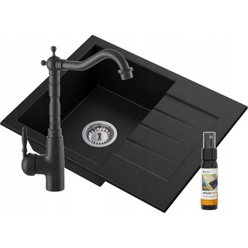 Granitan | Retro Küchenarmatur + Granit Spüle + Schwarz - Hochwertig - Mit Syfon und Pflegeprodukt