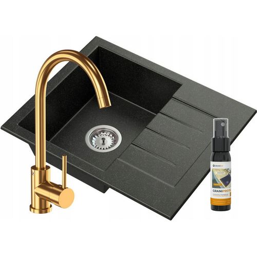 Granitan | Granitspüle MILANO - Schwarz - mit goldener Küchenarmatur und Pflegemittel - Hochwertig und langlebig