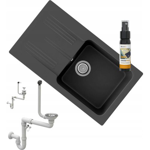Granitan | Granitspüle ADA - 775 x 435 mm - Schwarz - Einbauspüle mit Syfon und Pflegeprodukt