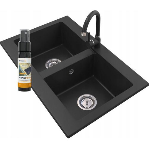 Granitan | Granitspüle VERSO - 2 Kammern - Schwarz - inkl. Küchenarmatur und Pflegeprodukt