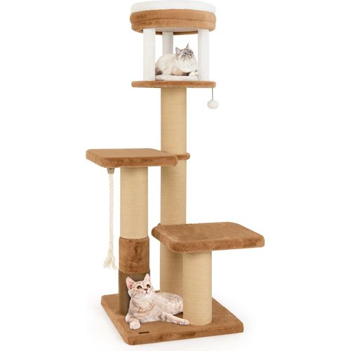 COSTWAY Kratzbaum 164cm, Katzenbaum mit Plattformen, Katzenbett, Fellbürste, Spielzeug & Sisalseil, Katzenmöbel Aktivitätsbaum Spielbaum Braun
