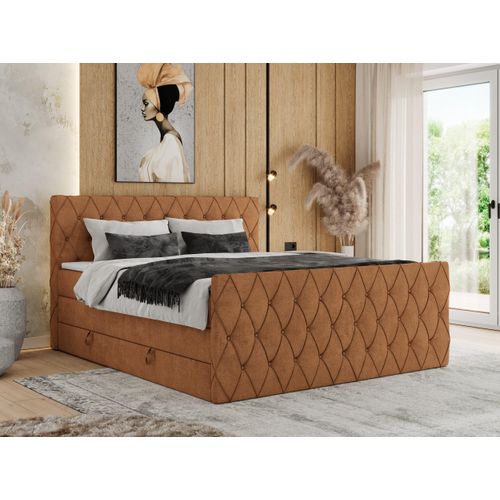 MKS MEBLE Boxspringbett 140 x 200 cm mit Bettkasten, Bett 140 x 200 cm mit Matratze H3, Boxspringbett 140 x 200 cm mit Topper - Miren King Duo - Orange Strukture - H3