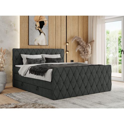 MKS MEBLE Boxspringbett 140 x 200 cm mit Bettkasten, Bett 140 x 200 cm mit Matratze H3, Boxspringbett 140 x 200 cm mit Topper - Miren King Duo - Dunkelgrau Strukture - H3