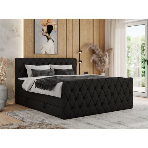 MKS MEBLE Boxspringbett 120 x 200 cm mit Bettkasten, Bett 120 x 200 cm mit Matratze H4, Boxspringbett 120 x 200 cm mit Topper - Miren King Duo - Schwarz Kunstleder - H4