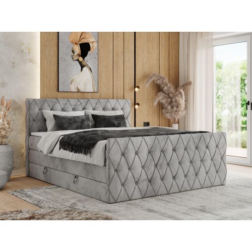 MKS MEBLE Boxspringbett 120 x 200 cm mit Bettkasten, Bett 120 x 200 cm mit Matratze H4, Boxspringbett 120 x 200 cm mit Topper - Miren King Duo - Hellgrau Velvet - H4