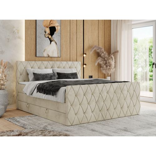 MKS MEBLE Boxspringbett 140 x 200 cm mit Bettkasten, Bett 140 x 200 cm mit Matratze H4, Boxspringbett 140 x 200 cm mit Topper - Miren King Duo - Beige Velvet - H4