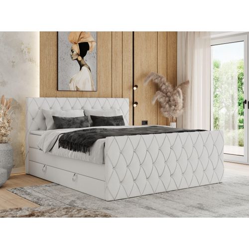 MKS MEBLE Boxspringbett 120 x 200 cm mit Bettkasten, Bett 120 x 200 cm mit Matratze H3, Boxspringbett 120 x 200 cm mit Topper - Miren King Duo - Weiß Kunstleder - H3