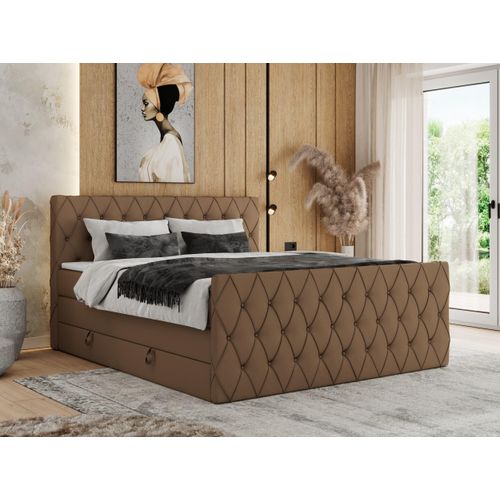 MKS MEBLE Boxspringbett 140 x 200 cm mit Bettkasten, Bett 140 x 200 cm mit Matratze H4, Boxspringbett 140 x 200 cm mit Topper - Miren King Duo - Braun Kunstleder - H4
