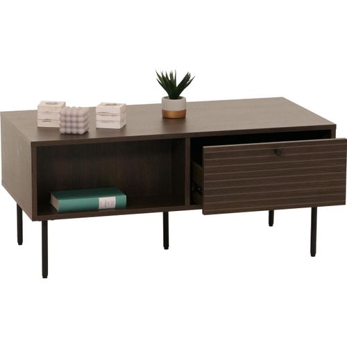 Couchtisch HWC-N78, Wohnzimmertisch Sofatisch, skandinavischer Stil Metall Holz Melamin MVG 45x100x50cm dunkelbraun