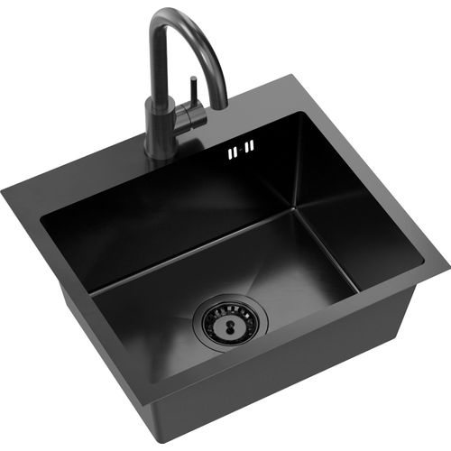 Einbeckenspüle aus Stahl Schwarz Metallic Wasserhahn Classic Aspe50
