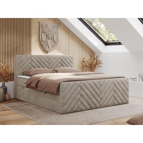 MKS MEBLE Boxspringbett 140x200 mit Bettkasten Matratze H4 - Paris Duo - Beige Strukture