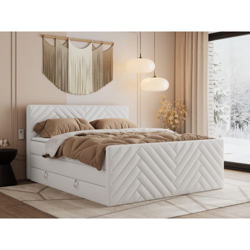 MKS MEBLE Boxspringbett 120x200 mit Bettkasten Matratze H3 - Paris King Duo - Weiß Kunstleder